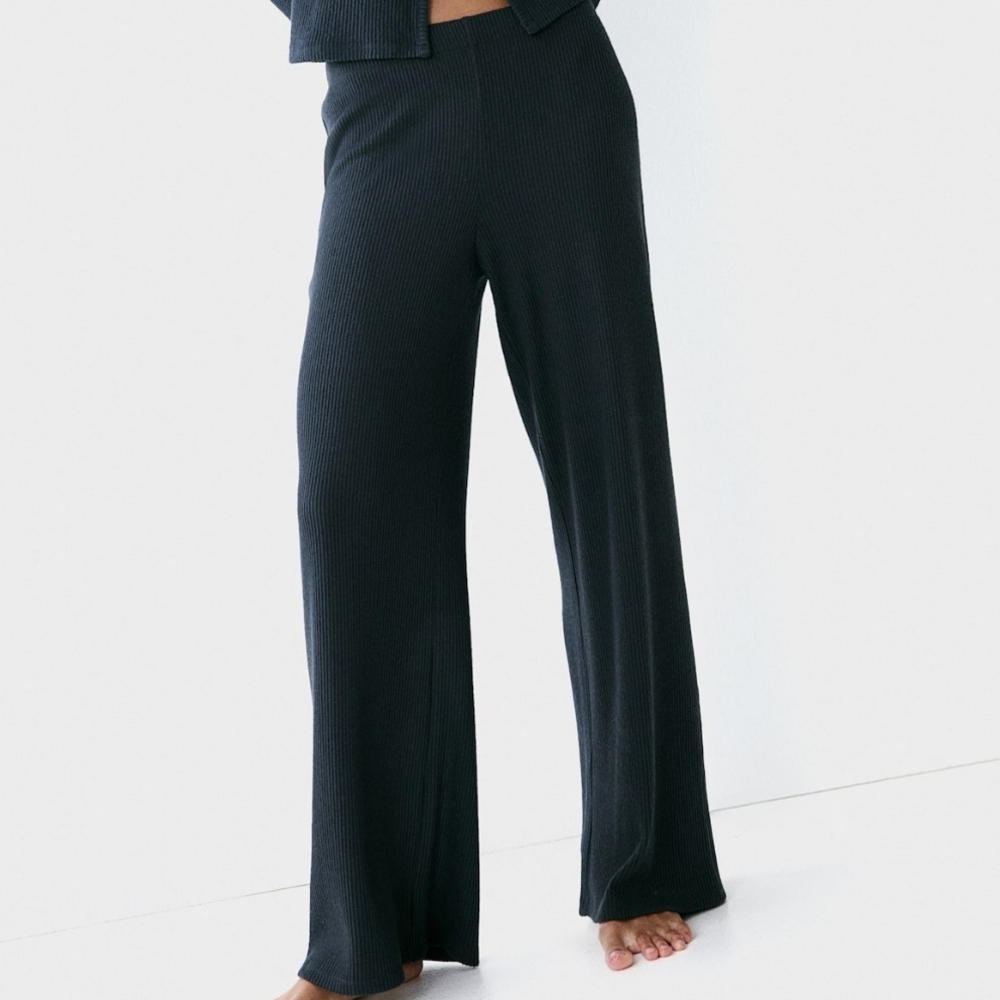 NWT H&M Jersey Ribbed Wide Leg Pants Black Size Small